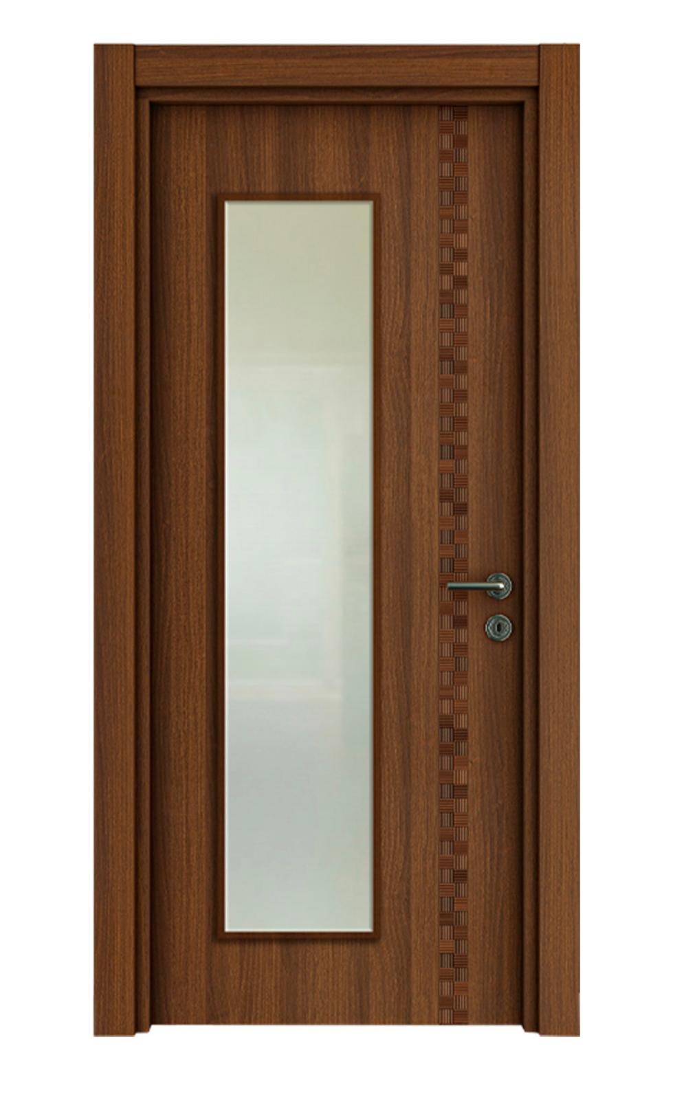 Ușa de interior VDA F 06 Red Walnut: nuc închis, cu o fâșie verticală de sticlă mată și o bandă decorativă în relief